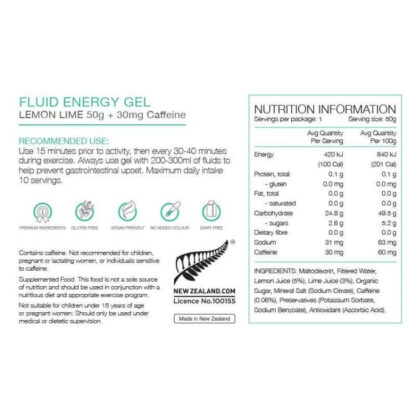 PURE FLUID ENERGY GELS 50G LEMON CAFFIENE NUTRITIONAL