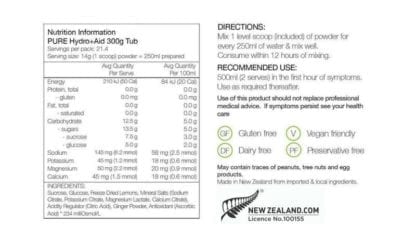 PURE HYDRO + AID 300G TUB nutritional info